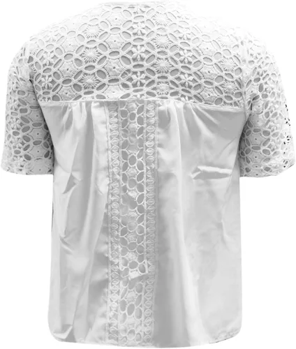 Vista 8 de Women Summer Tops White Lace Hollow Out Stitching T Shirt Casual Round Neck Pullover Elegant Tunic Blouse Tees