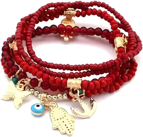 Vista 5 de Pulsera vintage chapada en oro de 18 quilates con dije de mariposa Hamsa y cuentas bohemias