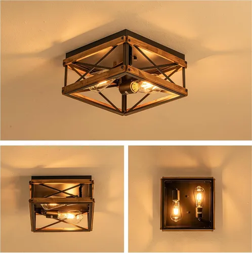 Vista 4 de Lámpara de techo rústica de madera negra de 2 luces Lámparas de metal para pasillo, industriales cerca del techo, para cocina, entrada, vestíbulo