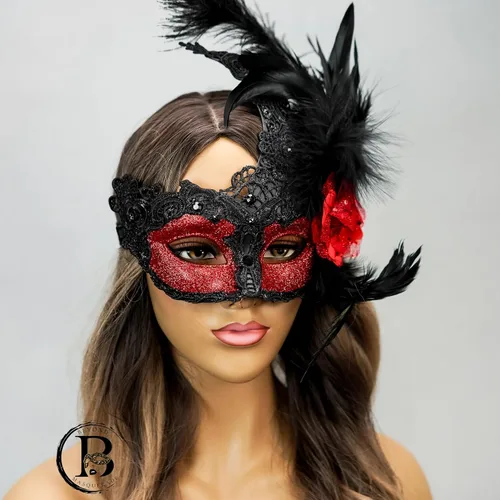 Vista 2 de Máscara de plumas burlesque, máscara de encaje de Mardi Gras para mujer, disfraz de plumas de pavo real, máscara de brocado veneciano