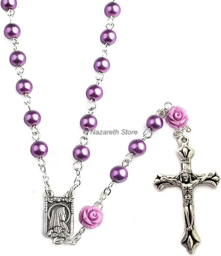 Vista 3 de Nazareth Store Collar de rosario con cuentas de perlas moradas católicas Our Rose Lourdes Medal & Cross NS