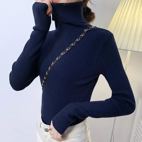 Vista 5 de Suéteres de punto de cuello alto para mujer, camisas básicas casuales de manga larga, ajustadas, ropa interior térmica, suéter de canalé suave