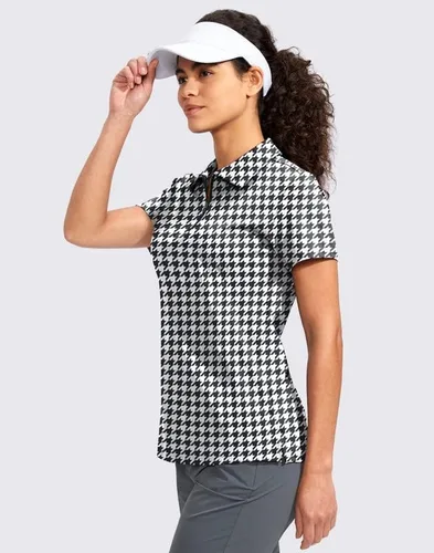 Vista 3 de Viodia Camisa de golf para mujer, manga corta, con cremallera, de secado rápido, elástica, con cuello de tenis, ropa de golf