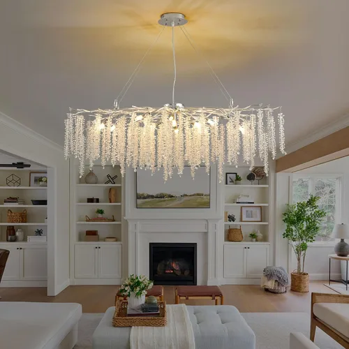 Vista 6 de Candelabro Rectangular Moderno de Ramas de Árbol de Cristal, L40'' Plata Lineal Art Deco Gota de Lluvia Lámpara Colgante Interior para Isla