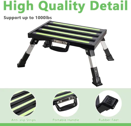 Vista 3 de Escalones de aluminio para caravana, taburete plegable ajustable de 4 niveles con patas de goma antideslizantes, plataforma de tira fluorescente
