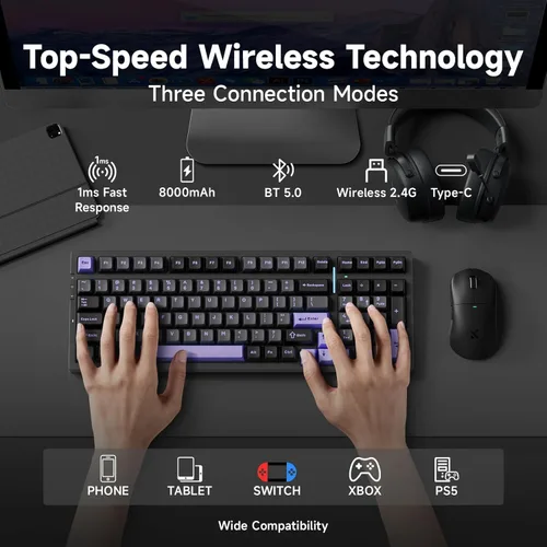 Vista 3 de MCHOSE Teclado mecánico inalámbrico G98 PRO, teclado para juegos de conexión de tres modos, estructura de junta personalizada intercambiable