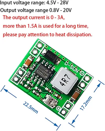 Vista 3 de Generic Mini MP1584EN DC-DC Convertidor Buck Módulo de Fuente de Alimentación Ajustable 24V a 12V 9V 5V 3.3V (Paquete de 5) - Verde - Conector Micro