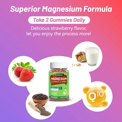 Vista 5 de Gomitas de glicinato de magnesio de 600 mg para mujeres y hombres, con L-treonato de magnesio 300 mg, CoQ10 y pimienta negra, veganas (60 unidades)