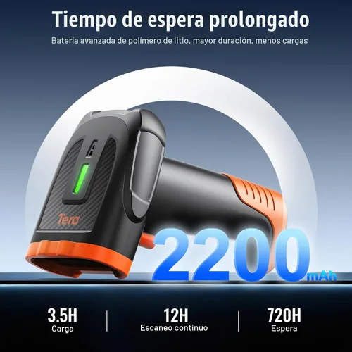 Vista 3 de Tera Escáner de código de barras inalámbrico de mano: con batería de polímero de litio de 2200 mAh funciona con Bluetooth 2.4G inalámbrico USB