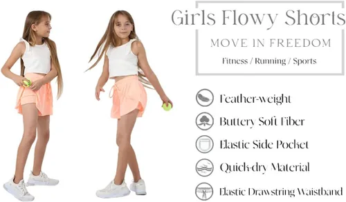 Vista 4 de Paquete de 3 pantalones cortos fluidos para niñas con forro de elastano, 2 en 1, faldas de mariposa para jóvenes, para fitness, correr, deportes