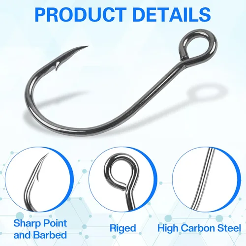 Vista 2 de Inline Single Hooks, Inline Fishing Hooks for Treble Hook Replacement Lures Plugs Baits Large Eye with Barbed Saltwater Freshwater Fishing, #4#2#1