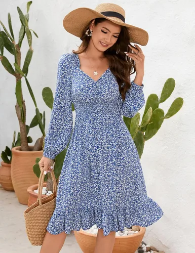 Vista 2 de KOJOOIN Vestido midi de manga abombada con cintura fruncida y estampado floral para mujer, vestido acampanado con dobladillo con volantes