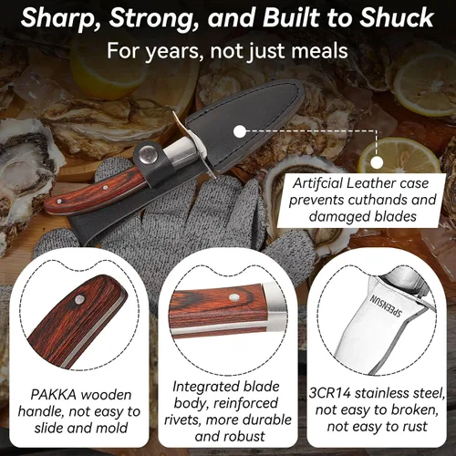 Vista 2 de Cuchillo de ostras, kit de shucker de ostras, cuchillo de shucking de ostras con mango de madera cómodo, cuchillos de ostras resistentes y afilados