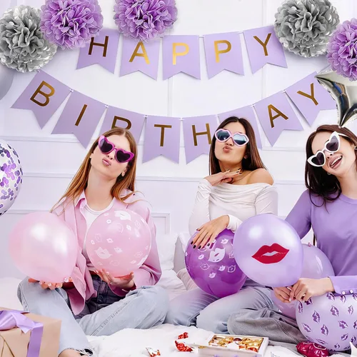 Vista 4 de Decoraciones de cumpleaños para niñas púrpura y plata Lavanda fiesta decoración Kit para ella mujer incluyendo feliz cumpleaños Banner pompón flor