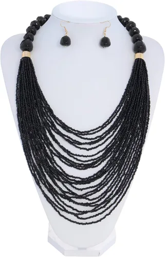 Vista 8 de Bocar Collar para mujer, collar de múltiples capas, collar de cadena larga, collar de cuentas de semillas de babero, collar y aretes para regalo