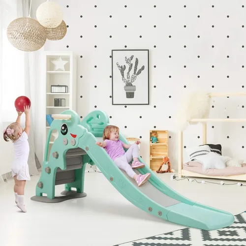 Vista 4 de Baby Joy Slide para niños, juego grande para escalador de juegos con pendiente de deslizamiento extralarga, aro de baloncesto y bola, regalo ideal