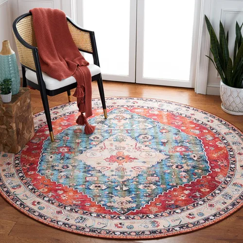 Vista 7 de SAFAVIEH Alfombra lavable Tucson Collection - 2 pies 6 pulgadas x 4 pies, beige y azul, antideslizante y fácil de limpiar, ideal para sala de estar