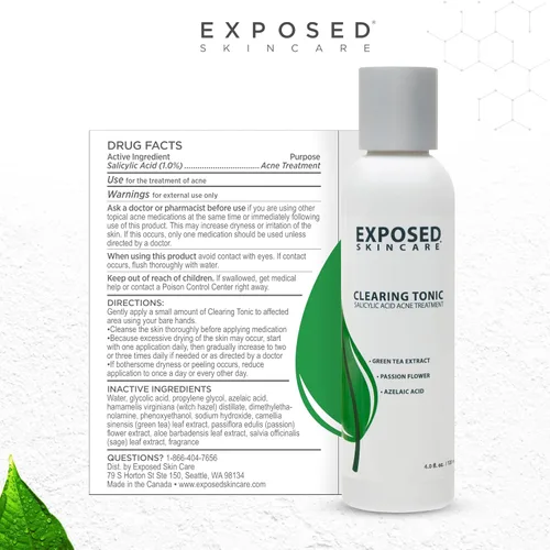 Vista 5 de Exposed Skin Care, Clearing Tonic - Tónico facial con 1% de ácido salicílico y hamamelis, tónico diario para acné de adolescentes y adultos, puntos