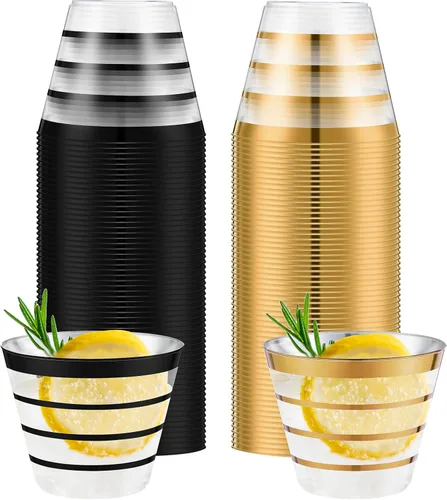 Vista 8 de Gejoy 50 vasos de plástico a rayas negras de 9 onzas, desechables a granel, vasos de plástico duro para beber, vasos para bodas, reuniones, Negro