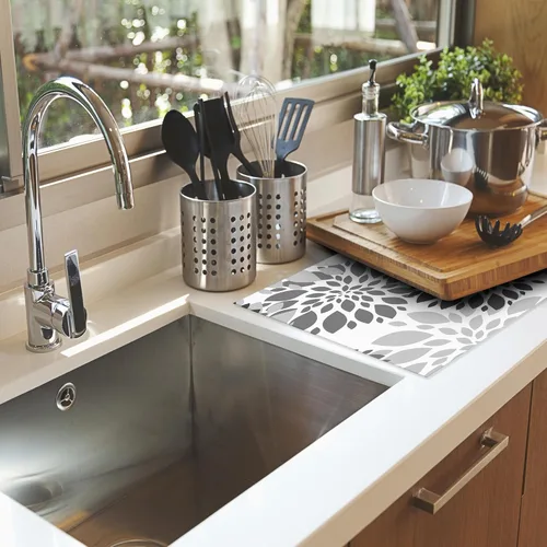 Vista 6 de Tapete de secado de platos de dalia blanca y negra para decoración de encimera de cocina, almohadilla geométrica para secado de platos, microfibra