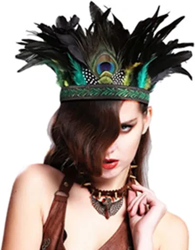 Vista 6 de Gortin Diadema decorativa de plumas de pavo real tocado de plumas diadema de Halloween para fiesta