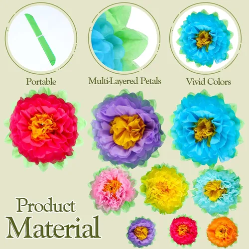 Vista 3 de Tigeen Juego de 51 flores de papel mexicanas gigantes de tejido 3D, Mardi Gras, carnavales, crepé colorido, fiesta, flores de papel para pared