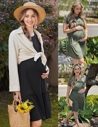Vista 3 de Ekouaer 3 en 1 camisón de lactancia de maternidad vestido de hospitalparto vestido de hospital de manga acampanada plisado vestido de lactancia
