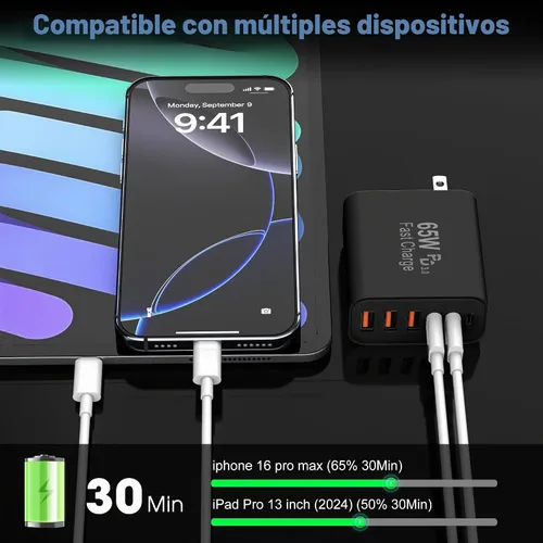 Vista 3 de Bloque de carga USB C, 65 W, 6 puertos, bloque de carga USBC, cargador de pared, cargador de iPhone, carga rápida, multipuerto tipo C, PD+QC Negro