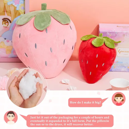 Vista 4 de Juexica 2 piezas de almohada de fresa de 15.7 pulgadas 9.8 pulgadas, almohada de felpa de fruta, suave decoración de dormitorio de fresa kawaii