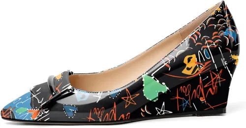 Vista 2 de Eldof Tacones de cuña bajos para mujer, zapatos de tacón de cuña con lazo de 2 pulgadas, zapatos de vestir para fiestas, bodas y noches