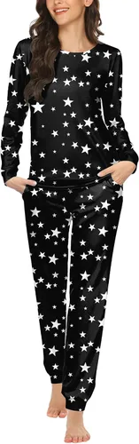 Vista 41 de Ekouaer - Conjunto de pijama de manga larga para mujer, ropa de dormir suave con cuello redondo y bolsillos, conjuntos de ropa de descanso Negro