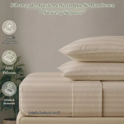 Vista 5 de Threadmill Juego de ropa de cama de algodón de lujo de 500 hilos tamaño Queen de 4 piezas, sábanas suaves y sedosas de color beige claro con Rayas