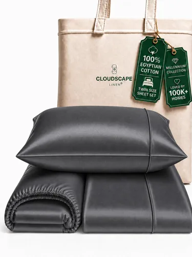 Vista 17 de Cloud Scape Linen - Juego de sábanas de algodón egipcio de doble capa, tamaño individual, tejido de satén de fibra larga, juego de 3 piezas, ropa