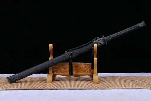 Vista 5 de Espada ancha,Espada dao de oro negro real,Hoja de Damasco forjada,Accesorios de aleación,Espiga completa,Kung fu