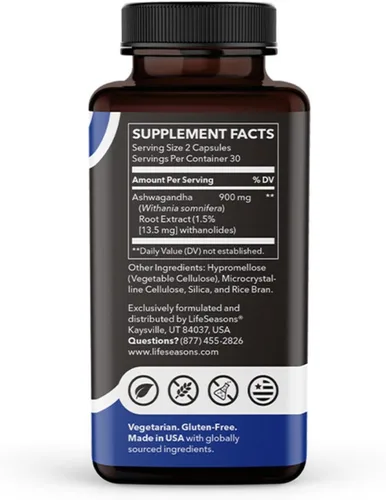 Vista 4 de LifeSeasons Essentials Ashwagandha - Suplemento de apoyo para el estrés y el sueño - Mente tranquila y concentrada - Mejora el rendimiento atlético