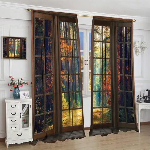 Vista 145 de Cortinas de paisaje, ventana 3D, primavera, bosque, vida silvestre, paisajes de naturaleza, dormitorio, sala de estar, cortinas térmicas opacas de 2