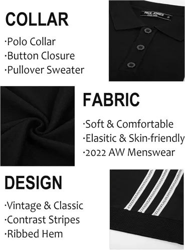 Vista 4 de PJ PAUL JONES Men's Vintage Stripe Knitted Polo Shirts Breathable Button Casual Pullover Sweater