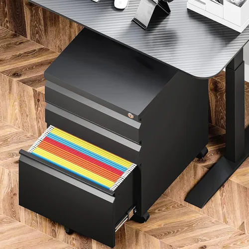 Vista 6 de Yizosh Archivador móvil de 3 cajones con cerradura, archivador negro debajo del escritorio, archivador con bloqueo de metal sobre ruedas