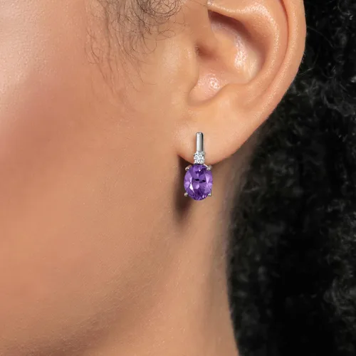 Vista 3 de Gem Stone King Aretes de plata de ley 925 con amatista púrpura y diamantes blancos para mujer