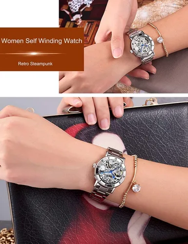 Vista 5 de MASTOP Relojes para mujer, reloj automático Steampunk de cuerda automática, pulsera de plata, reloj de pulsera de esqueleto para mujer