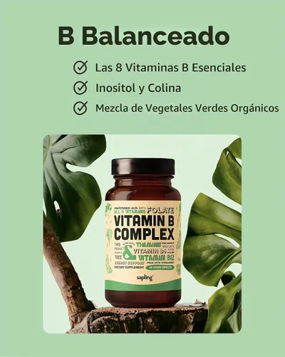 Vista 3 de sapling Complejo vegano de vitamina B, mezcla de alimentos integrales con vitaminas B esenciales B1, B2, B3, B5, B6, B7, folato, B12-60 cápsulas