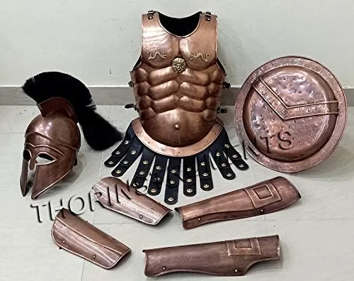 Vista 4 de THORINSTRUMENTS (with device) Chaqueta muscular medieval de cobre, casco griego de cobre, protector de brazos y piernas y escudo, disfraz de larp