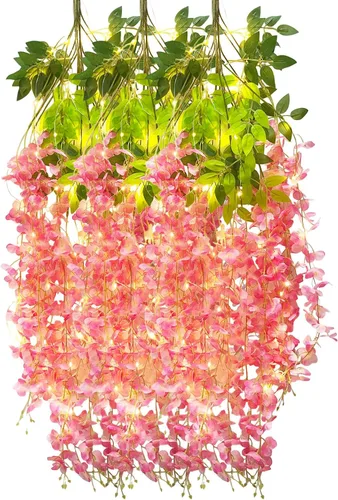 Vista 19 de Paquete de 5 guirnaldas de flores colgantes de glicina rosa, enredaderas de flores artificiales de 3.77 pies, glicinia falsa, guirnalda colgante