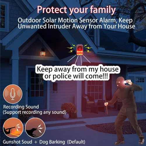 Vista 4 de Alarma solar con sensor de movimiento al aire libre – Ladridos de perro y sonido de disparo, grabación de soporte y volumen ajustable, detector