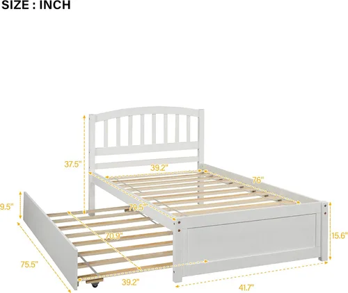 Vista 3 de SOFTSEA Marco de cama individual individual con cama nido de madera maciza con cabecero para niños (blanco)