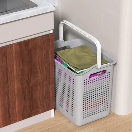Vista 5 de Cestas de almacenamiento de ropa sucia de 35 L con asas, cesta de plástico fácil de transportar, gris, 4 paquetes