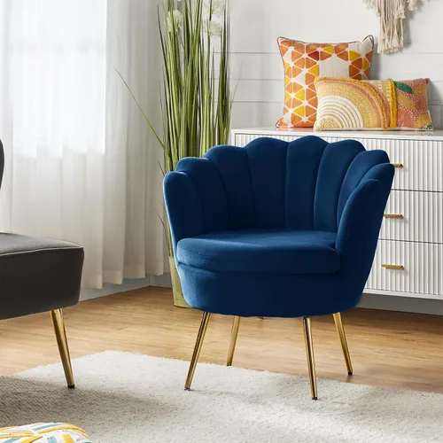 Vista 43 de HULALA HOME Silla decorativa moderna de terciopelo con respaldo en forma de concha, bonito sillón para sala de estar, dormitorio con patas doradas