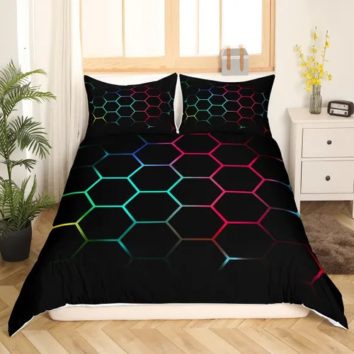 Vista 25 de Funda de edredón de panal para niños, hombres y niñas, juego de ropa de cama moderno con temática geométrica hexagonal, diseño de cuadrícula