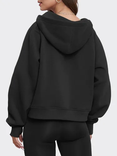 Vista 3 de ATHMILE Sudaderas cortas con capucha para mujer, media cremallera, forro polar, ropa de invierno, con cremallera de un cuarto