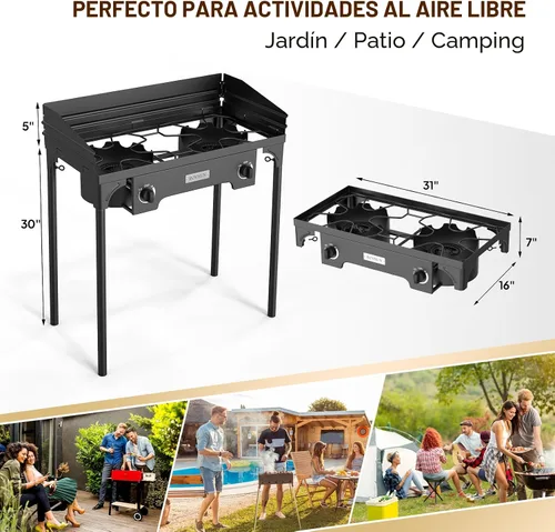 Vista 6 de ROVSUN Estufa de camping al aire libre de 2 quemadores con panel de viento, quemador de propano de 150,000 BTU, cocina de gas con patas desmontables